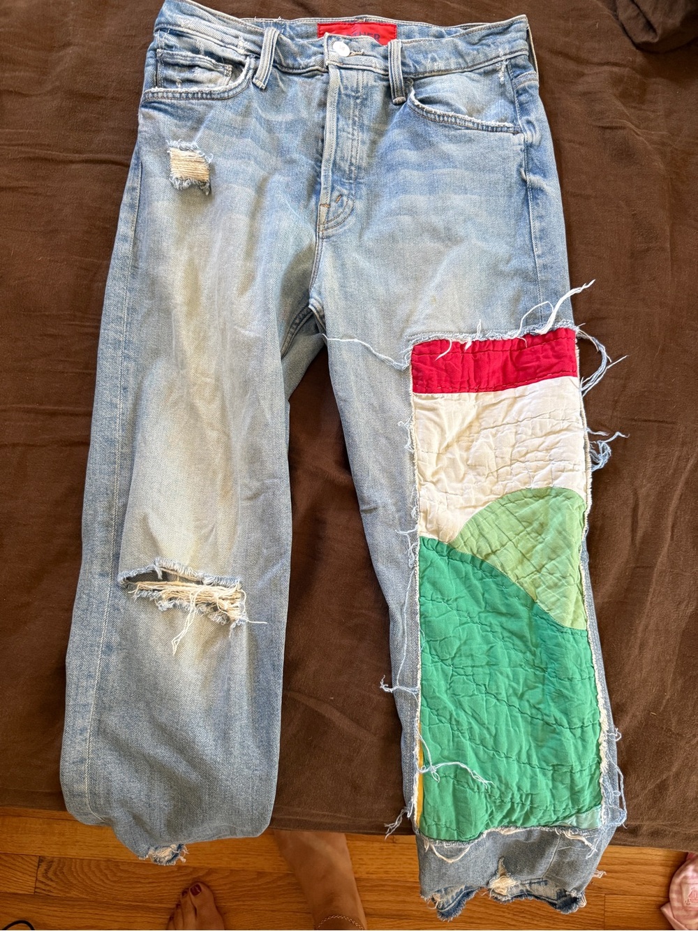 Mother  Distressed Jeans with Patchwork Detail